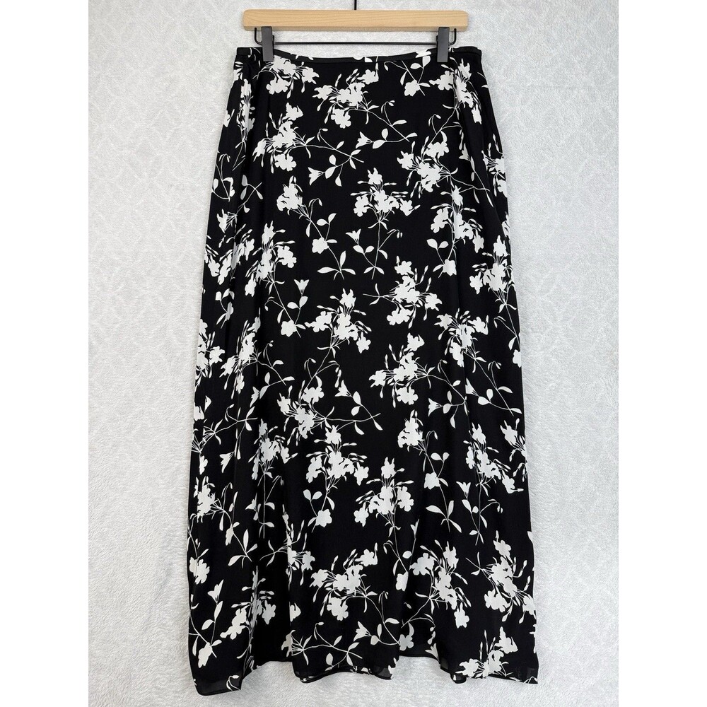 Vtg Saville 100% Silk Maxi Skirt 12 Black Floral Minimalist Dark Romantic Modest